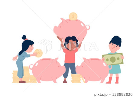 Children saving money. Cute kids with piggy banks and gold coins piles. Financial literacy, banking and savings. Investments in future, recent vector scene 138892820