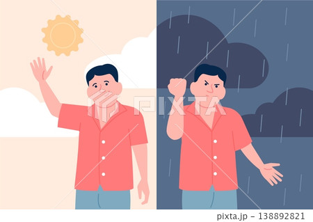 Emotional swings character. Man has mental problems. Mood sudden changes, from angry to happy and back. Problem with emotions control, recent vector concept Emotional swings character. Man has mental problems. Mood sudden changes, from angry to happy and back. Problem with emotions control, recent vector concept 138892821
