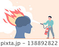 Burning brain concept. Overworking, emotional stress and anxiety. Man putting out flame with fire extinguisher. Support and mental health, burnout recent vector scene 138892822