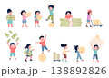 Children with money. Kids study saving finances and investment in future. Funny child with coins and banknotes. Happy boy hold piggy bank, recent vector set 138892826