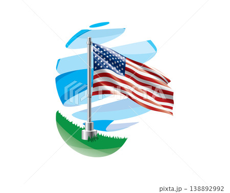 Festive scene depicting waving American flags surrounded by cheerful outdoor decorations and banners 138892992