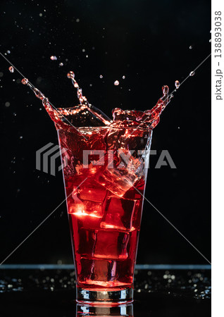 Red cocktail splash with ice cubes Red cocktail splash with ice cubes 138893038