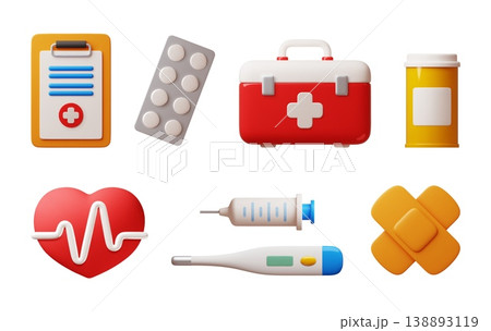 3d cartoon medicine tools. Hospital, ambulance elements, plasticine or render style, thermometer, syringe, patch, pills in blister, medical healthcare aid classy vector isolated set 3d cartoon medicine tools. Hospital, ambulance elements, plasticine or render style, thermometer, syringe, patch, pills in blister, medical healthcare aid classy vector isolated set 138893119