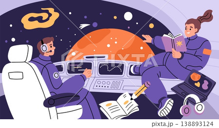 Astronauts in spacecraft cabine. Funny people floating in zero gravity, pilots at control panel, cosmos exploration, space travel, crew communication garish vector cartoon isolated concept Astronauts in spacecraft cabine. Funny people floating in zero gravity, pilots at control panel, cosmos exploration, space travel, crew communication garish vector cartoon isolated concept 138893124