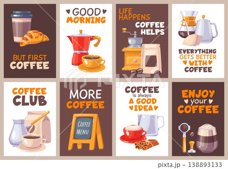 Coffee cards. Morning hot drink postcards, cute text design, cappuccino, espresso with croissant and cinnamon, cups and mugs, motivational posters classy vector cartoon isolated flyer set 138893133