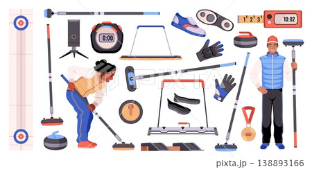 Curling winter sport game elements. Athletes with brushes, ice playground, sliding granite stones, professional players, brooms, stones and target equipment tidy vector cartoon isolated set 138893166