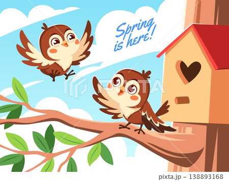 Cute sparrows on branch. Cartoon birds characters, springtime birdhouse, funny feathered mascots in tree, happy flying creations, spring nature landscape, nesting animals tidy vector concept 138893168