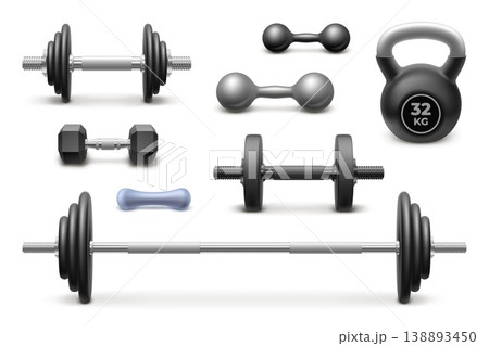 Realistic weights. 3d gym dumbbell kettlebell lifting dumb weight exercise equipment steel barbell workout fitness iron bodybuilding sport isolated icon garish vector illustration 138893450