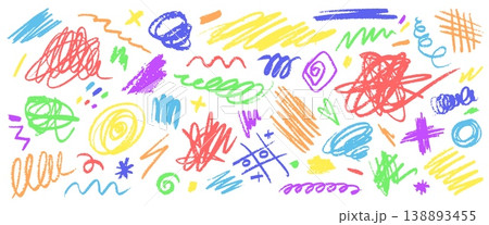 Crayon scribbles. Hand drawn pastel chalk pencil brush marker doodle scribble sketch pen stroke line texture kids children colorful crayons abstract qualitative vector illustration Crayon scribbles. Hand drawn pastel chalk pencil brush marker doodle scribble sketch pen stroke line texture kids children colorful crayons abstract qualitative vector illustration 138893455