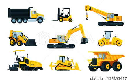 Cartoon construction machinery. Heavy truck excavator digger loader bulldozer backhoe crane dump roller tractor vehicle building site work equipment qualitative vector illustration Cartoon construction machinery. Heavy truck excavator digger loader bulldozer backhoe crane dump roller tractor vehicle building site work equipment qualitative vector illustration 138893457