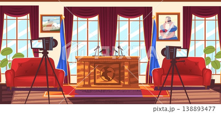 Government conference room. President office table or parliament house tribune microphone stage for speech press interview on camera cartoon interior classy vector illustration 138893477