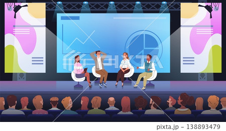 Speakers forum stage. Speaker discussion on stage, business event conference congress meeting corporate seminar public hall auditorium talk presentation classy vector illustration 138893479