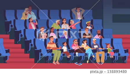 People cinema auditorium. Movie theater hall audience, crowd watching film on seat chair with popcorn family theatre spectators watch show entertainment classy vector illustration People cinema auditorium. Movie theater hall audience, crowd watching film on seat chair with popcorn family theatre spectators watch show entertainment classy vector illustration 138893480