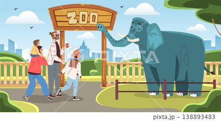 Family in zoo. Parents with children visiting zoo park, watching wild exotic animals behind enclosure summer travel safari savanna animal scene, cartoon classy vector illustration 138893483