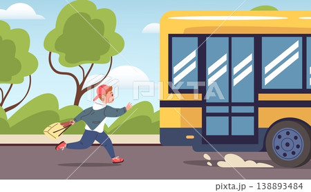 Student late bus. School kid backpack run to public transport, chase miss bus after classes hurry young boy running street sidewalk morning time road classy vector illustration Student late bus. School kid backpack run to public transport, chase miss bus after classes hurry young boy running street sidewalk morning time road classy vector illustration 138893484