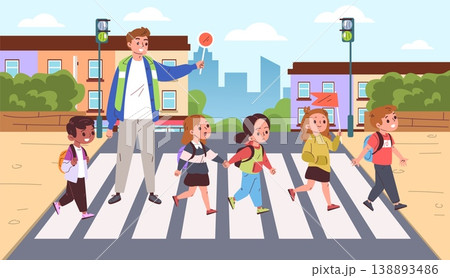 Children crosswalk. School kid safety road street traffic light, child pedestrian crossing zebra crosswalk guard stop sign teacher kids cross walk city classy vector illustration Children crosswalk. School kid safety road street traffic light, child pedestrian crossing zebra crosswalk guard stop sign teacher kids cross walk city classy vector illustration 138893486
