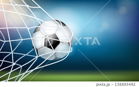 Soccer ball net. Realistic soccer goal hitting net effect, 3d football stadium background penalty shot balls isolated match pro sport competition banner exact vector illustration 138893492