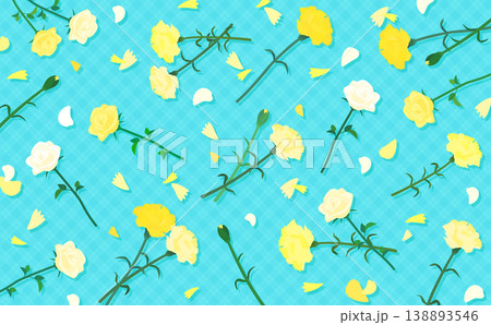 黄色いカーネーションと薔薇のパターンと水色背景_横 黄色いカーネーションと薔薇のパターンと水色背景_横 138893546