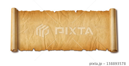 Old crumpled mediaeval Parchment paper scroll isolated on white Old crumpled mediaeval Parchment paper scroll isolated on white 138893578