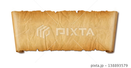 Old crumpled mediaeval Parchment paper scroll isolated on white 138893579