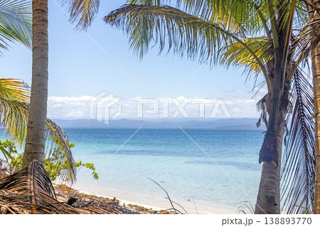 Tropical beach framed by palm trees and clear sea Panama Tropical beach framed by palm trees and clear sea Panama 138893770