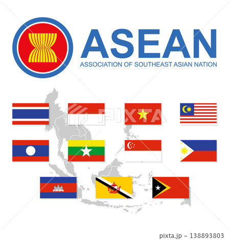 Flag of ASEAN and membership with ASEAN map on the background isolated on white background. Flag of ASEAN and membership with ASEAN map on the background isolated on white background. 138893803
