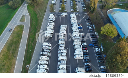 Piazzale Azzuri d'Italia in Cremona with an aerial view of tourist camper vans parked for travel and leisure in Italy 138893894