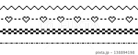 Seamless pixel border pattern set with hearts waves and checkered lines in retro style Seamless pixel border pattern set with hearts waves and checkered lines in retro style 138894198