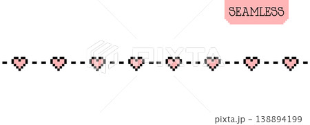 Seamless pixel heart border pattern with dotted line in retro 8 bit style Seamless pixel heart border pattern with dotted line in retro 8 bit style 138894199