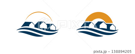 sunrise luxury waterfront house row wave logo coastal real estate beach branding sunrise luxury waterfront house row wave logo coastal real estate beach branding 138894205