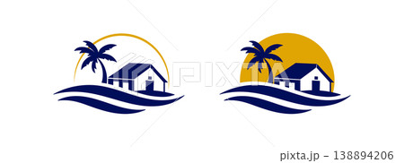 sunrise luxury waterfront house palm island wave logo tropical real estate branding 138894206