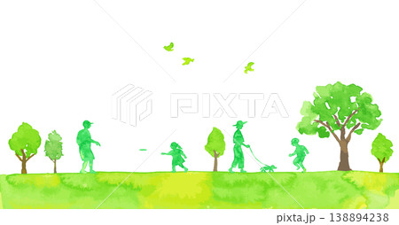 緑の木々と人々の風景　水彩イラスト 138894238