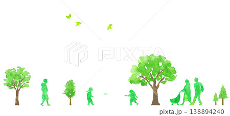 緑の木々と人々の公園風景　水彩イラスト 138894240