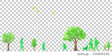 緑の木々と人々の公園風景　水彩イラスト 138894240