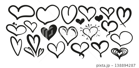 Set of black hand drawn hearts, collection of unique heart shapes for graphic design. Love and romance symbols in modern and tattoo style. Creative vector icons isolated on white background. Set of black hand drawn hearts, collection of unique heart shapes for graphic design. Love and romance symbols in modern and tattoo style. Creative vector icons isolated on white background. 138894287