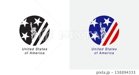 Modern minimalist USA icon design featuring Statue of Liberty with stars and stripes in circular composition Modern minimalist USA icon design featuring Statue of Liberty with stars and stripes in circular composition 138894333