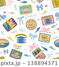 Canned sardines and bows seamless pattern. Vector cartoon seafood background. Mediterranean coastal textile design. 138894371