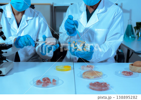 Team Food Safety Scientists Testing Meat Samples in Laboratory for Contamination and Chemical Residue Analysis. 138895282
