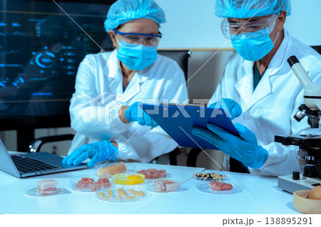 Team Food Safety Scientists Testing Meat Samples in Laboratory for Contamination and Chemical Residue Analysis. 138895291