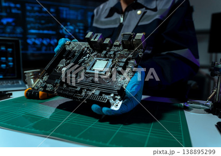 Computer Hardware Technician Repairing Motherboard with Soldering Iron in Electronics Lab. 138895299
