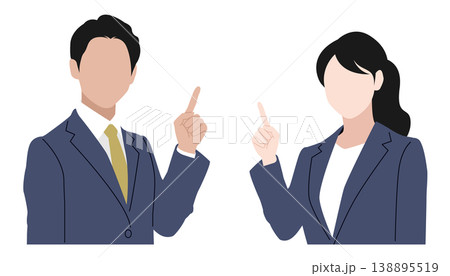 人差し指を立てたスーツ姿の若い男女の上半身イラスト素材 ベクター 指差し 説明 白背景 ビジネス 138895519