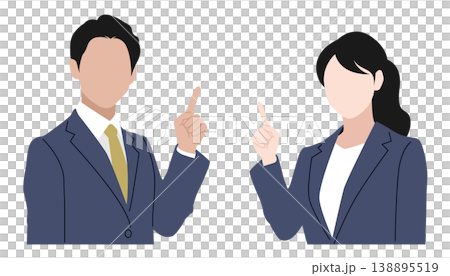 人差し指を立てたスーツ姿の若い男女の上半身イラスト素材 ベクター 指差し 説明 白背景 ビジネス 138895519