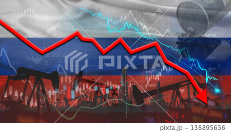 Fall oil price with Russian flag on economic chart. Petrol crisis with Russia flag on financial graph Fall oil price with Russian flag on economic chart. Petrol crisis with Russia flag on financial graph 138895636