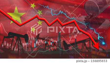 Fall oil price with Chinese flag on economic chart. Petrol crisis with China flag on financial graph Fall oil price with Chinese flag on economic chart. Petrol crisis with China flag on financial graph 138895653