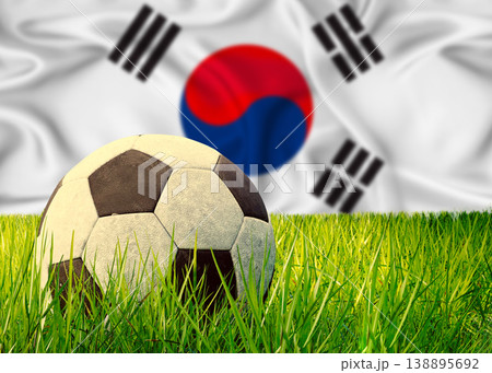 Soccer ball on the grass with South Korea flag in the background. Soccer ball on pitch against South Korean flag in the background 138895692