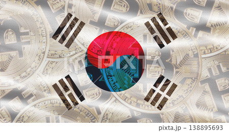 Bitcoins on South Korea flag background. Golden bitcoin coins on South Korea flag background 138895693
