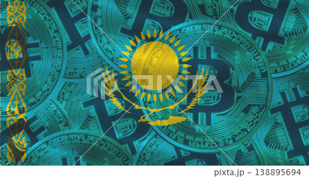 Bitcoin coins on Kazakhstan flag background. Golden bitcoin coins on Kazakhstan flag background Bitcoin coins on Kazakhstan flag background. Golden bitcoin coins on Kazakhstan flag background 138895694