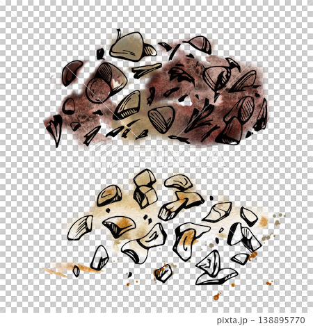 Scattered crushed nuts, chocolate chips decorative topping mix sprinkle. Isolated illustration hand drawn in watercolor. Bakery dessert recipes, confectionery branding, cake decorations, menu visuals Scattered crushed nuts, chocolate chips decorative topping mix sprinkle. Isolated illustration hand drawn in watercolor. Bakery dessert recipes, confectionery branding, cake decorations, menu visuals 138895770
