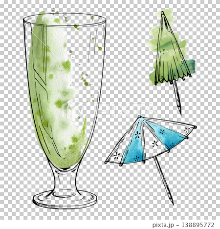 Tall hurricane cocktail glass with green detox drink, paper umbrellas. Isolated illustration hand drawn in watercolor and ink. Party invitations, summer menus, tropical event posters, bar advertising Tall hurricane cocktail glass with green detox drink, paper umbrellas. Isolated illustration hand drawn in watercolor and ink. Party invitations, summer menus, tropical event posters, bar advertising 138895772