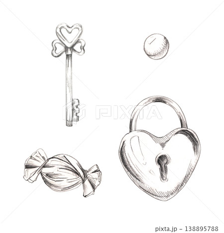 Vintage love symbols. Heart shaped lock, skeleton key, wrapped candy sweets and glass ball bead marbles. Clipart hand drawn in pencil. Engagement party invitations, memory pages, wedding gift prints Vintage love symbols. Heart shaped lock, skeleton key, wrapped candy sweets and glass ball bead marbles. Clipart hand drawn in pencil. Engagement party invitations, memory pages, wedding gift prints 138895788